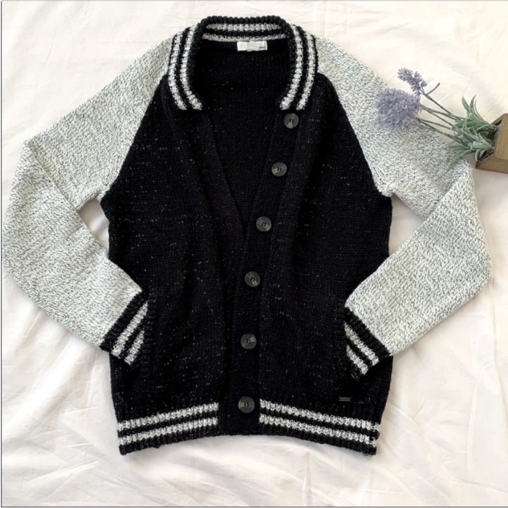 Garage drop shoulder button cardigan, size XS, black/white/grey